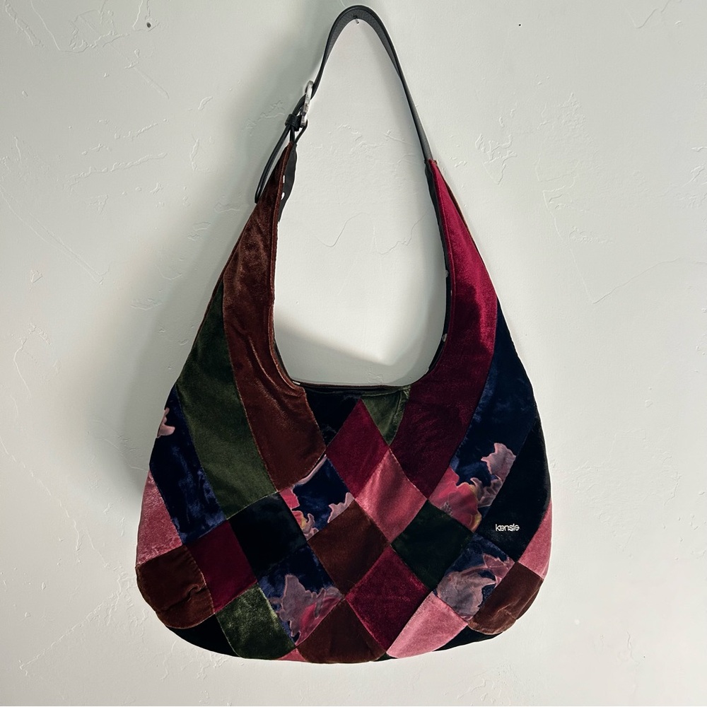 Kensie Patchwork Hobo Shoulder Bag Jewel Tone Velvet/ Velour Purse